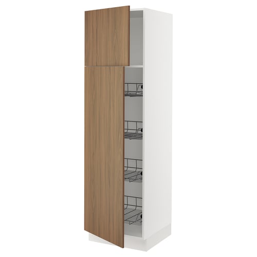 SEKTION white kitchen cabinet with wooden doors and pull-out wire baskets.