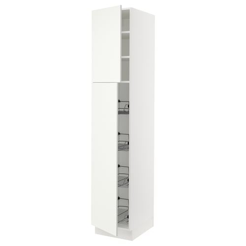 Ikea SEKTION white kitchen cabinet, tall with shelves.