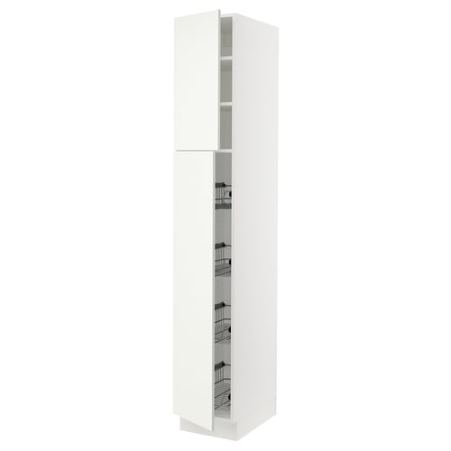 A white SEKTION kitchen cabinet with glass doors and wire shelves.