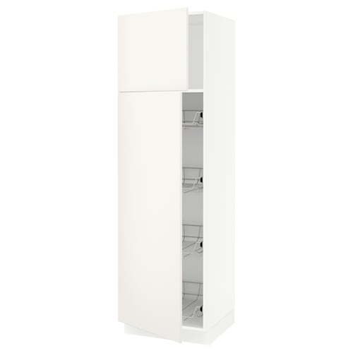 A white SEKTION kitchen cabinet with doors and wire shelves. Its tall, rectangular, and has a modern design.