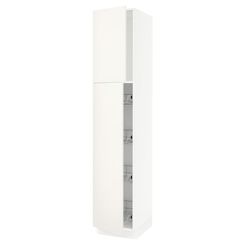 A white SEKTION kitchen cabinet with smooth, clean lines and a tall, rectangular shape. It a door with hinges that open either left or right.