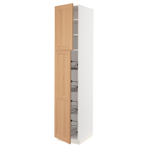 An ikea SEKTION kitchen cabinet with light oak doors and pull-out wire baskets.