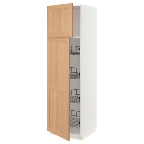 SEKTION white cabinet, light oak door, wire baskets, pull-out stop.