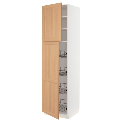 An open SEKTION kitchen cabinet with wooden doors and metal shelves.
