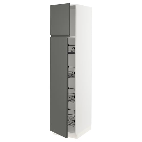 A grey and white SEKTION kitchen cabinet with dark grey doors and internal wire baskets. Its narrow, tall, and has a sleek, modern design.
