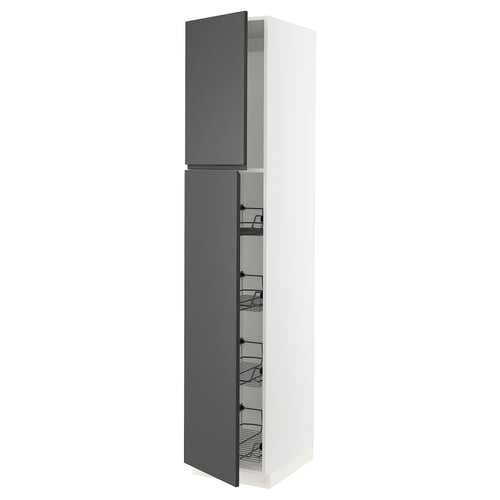 Ikea SEKTION gray kitchen cabinet with shelves.