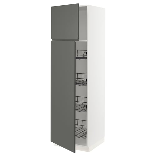 White and dark grey kitchen cabinet with pull-out baskets.