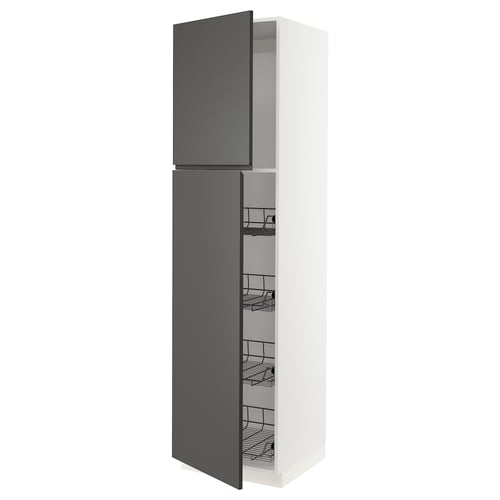 Ikea SEKTION kitchen cabinet in dark grey with wire shelves, modern design.