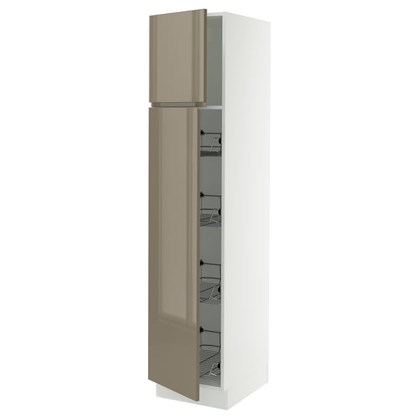 SEKTION High cabinet w door/wire baskets, white/Voxtorp high-gloss dark grey-brown, 18x24x80 "