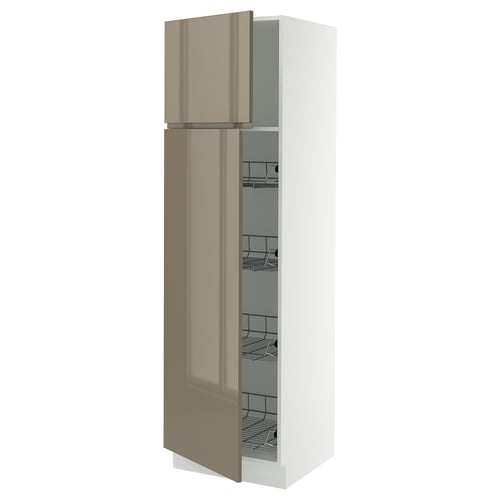A high gloss dark grey-brown kitchen cabinet with a white frame and metal wire shelves.