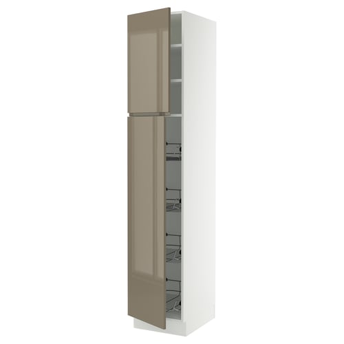 SEKTION kitchen cabinet in high gloss tan with integrated handles and pull-out storage.