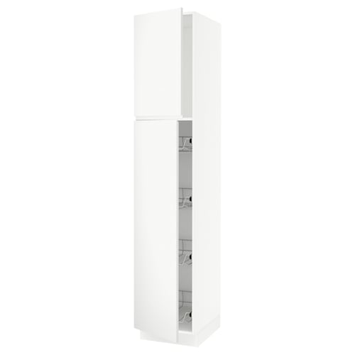 A white SEKTION kitchen cabinet with modern, minimalist design. The cabinet smooth, minimal handles and houses multiple wire shelves for storage.