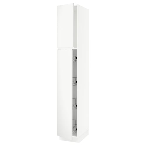 White modern kitchen cabinet with open door and shelving units.