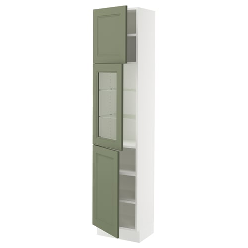 An open green-highlighted, white storage cabinet from the SEKTION kitchen system. It two adjustable shelves and includes a door dampener.