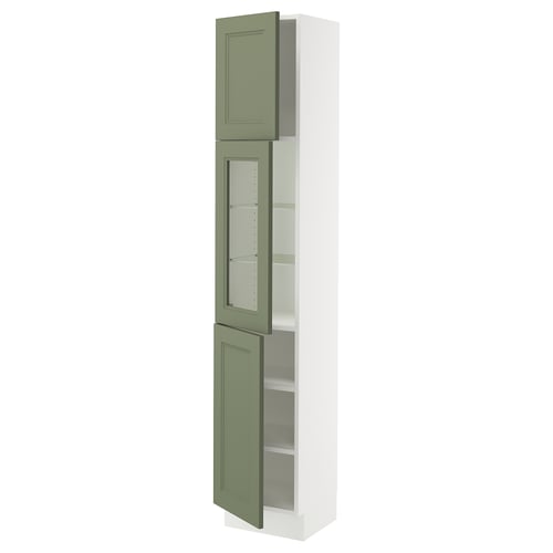 Ikea SEKTION kitchen cabinet, white with green glass doors, three shelves.