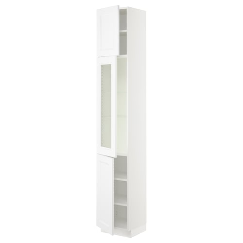 This image shows a white SEKTION tall storage cabinet with glass doors and adjustable shelves.