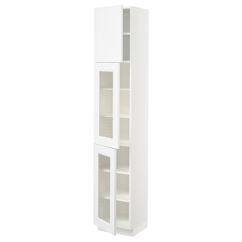 SEKTION white kitchen cabinet with glass doors. Tall, narrow, adjustable shelves.