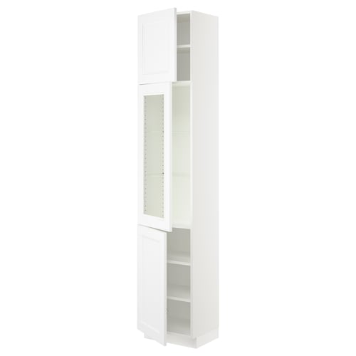 White kitchen cabinet with glass doors, slim and tall, modern design.
