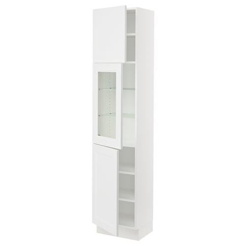 White SEKTION kitchen cabinet with glass doors, modern & traditional design, adjustable shelves, nickel hinges.