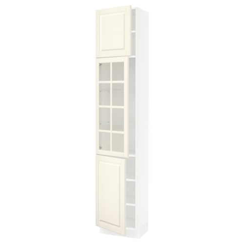 An ikea SEKTION kitchen cabinet in off-white with glass doors, featuring a traditional design.
