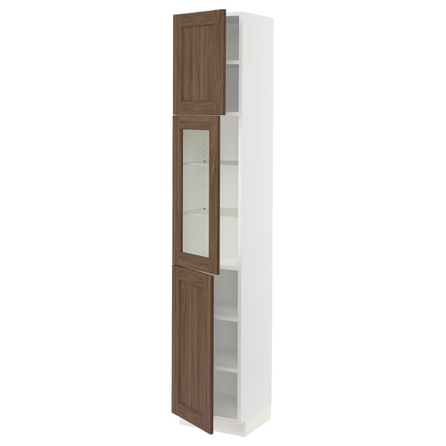 SEKTION white tall cabinet, brown wooden doors, glass shelves, classic kitchen storage.