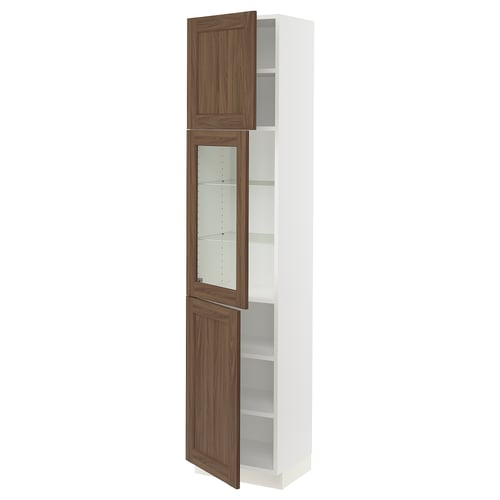SEKTION kitchen cabinet with walnut doors and glass panels, adjustable shelves.