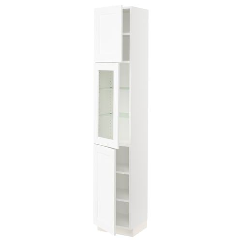 White SEKTION cabinet with glass door, subtle grain, adjustable shelves, snap-on hinges, gentle door close.