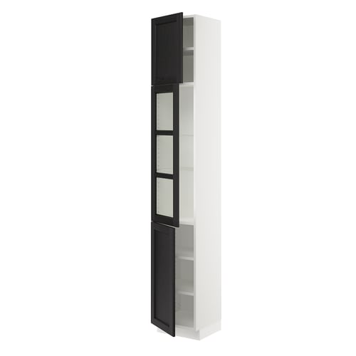 SEKTION kitchen cabinet, black-stained wood and glass doors, white frame, adjustable shelves, classic design.