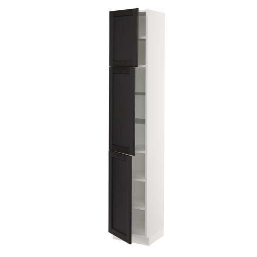 SEKTION kitchen cabinet with black stained glass doors and white frame, featuring bevelled edges and adjustable shelves.