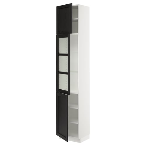 Black glass door ikea SEKTION kitchen cabinet, white frame, adjustable shelves, sturdy, soft-close doors.
