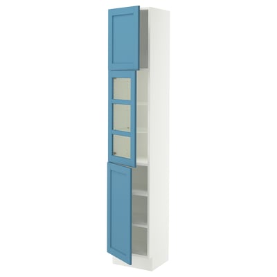SEKTION High cabinet w glass door/2 doors, white/Lerhyttan blue, 15x15x80 "