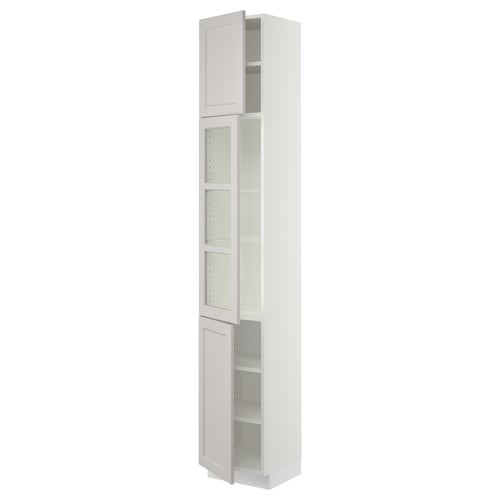 SEKTION kitchen cabinet in light grey with glass doors and adjustable shelves.
