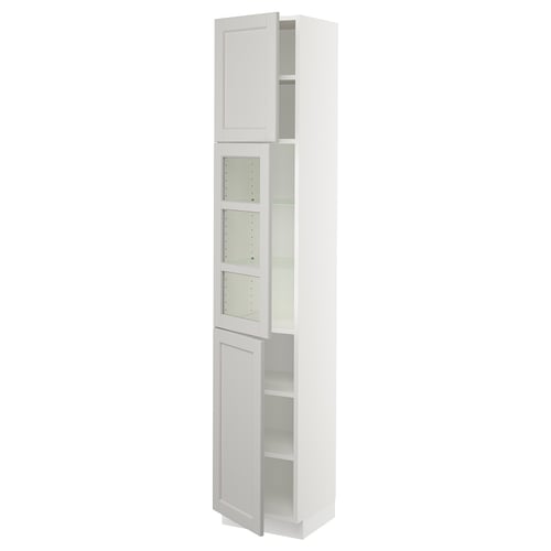 White SEKTION kitchen cabinet, tall with glass and solid doors, modern design.