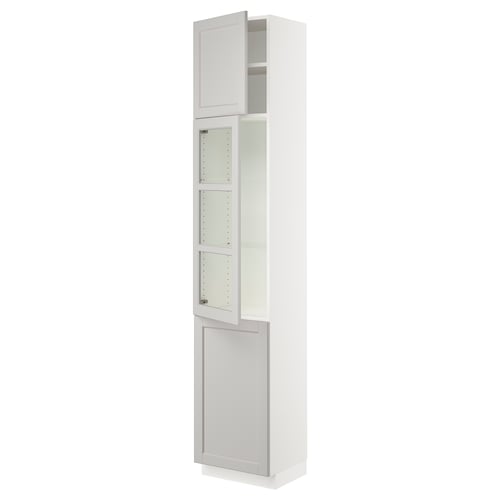 Modern white SEKTION cabinet. Tall with glass doors, three shelves. Sleek, minimalist design. Adjustable shelves, bevelled edges.