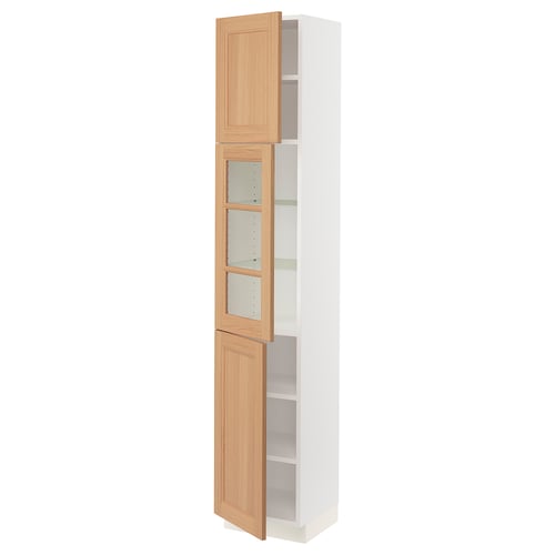 SEKTION white kitchen cabinet with oak doors and glass panels.