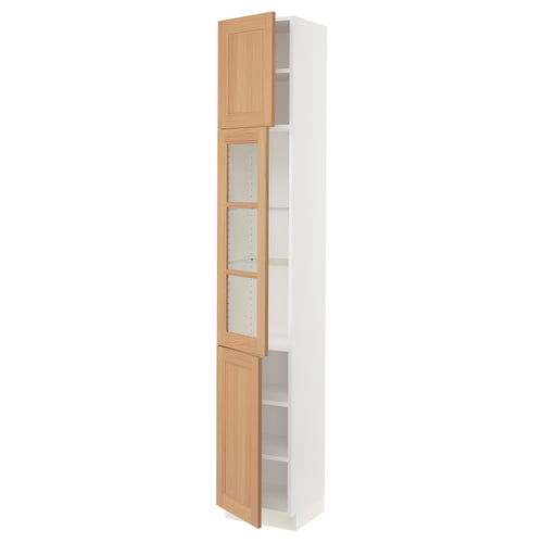 An ikea SEKTION kitchen cabinet in white with oak doors. It has open shelves and wooden panels and glass inserts.