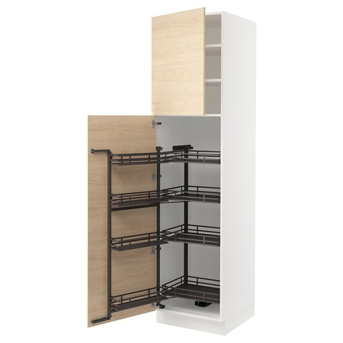 A SEKTION kitchen unit with a white cabinet, light wood doors, and black pull-out shelves.
