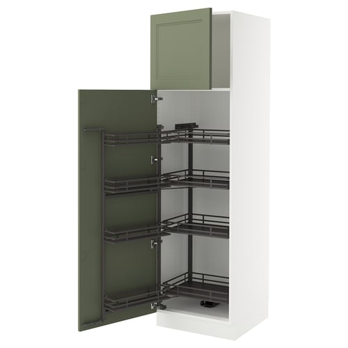 SEKTION kitchen cabinet with grey-green axstad doors, tall and narrow, open pull-out shelves.