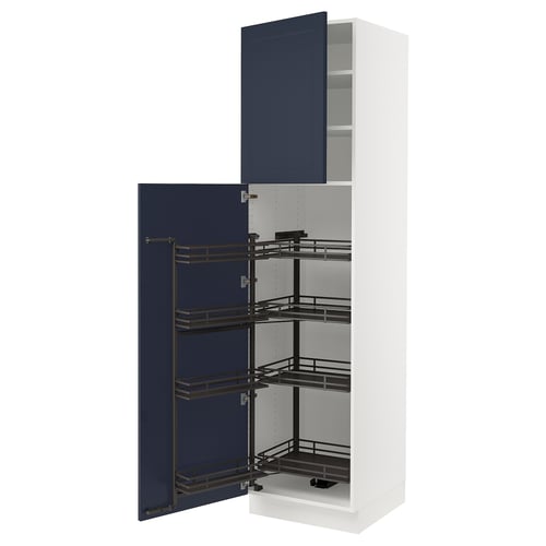 White pantry with blue doors and pull-out shelves.