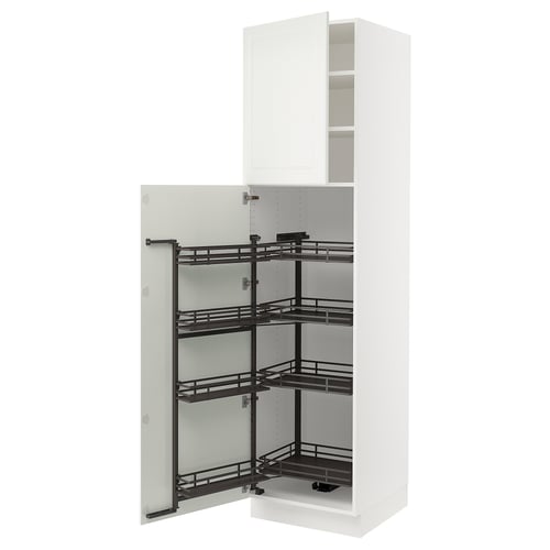 White kitchen cabinet with pull-out shelves and handle.