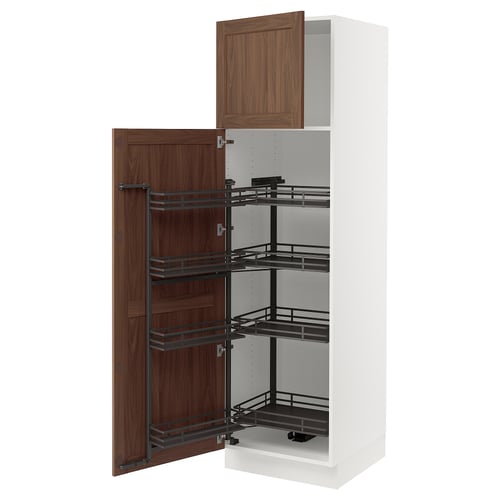 White SEKTION kitchen cabinet with walnut pull-out shelves.