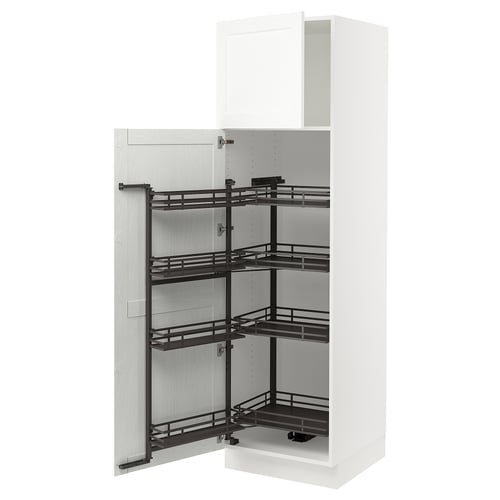 White SEKTION kitchen cabinet with pull-out shelves. Metal shelves on top, glass on bottom. Modern, practical design for storage.