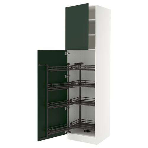 White and green tall kitchen cabinet with pull-out shelves.