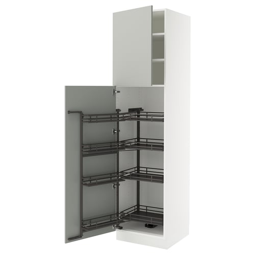 White SEKTION tall kitchen cabinet with black pull-out shelves.