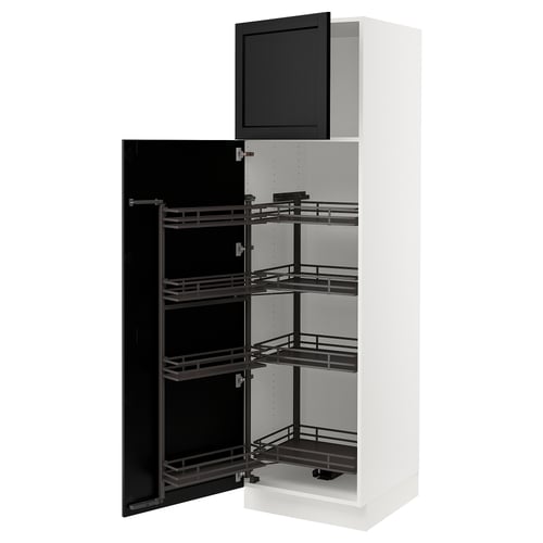 White kitchen cabinet with black pull-out shelves and door open.