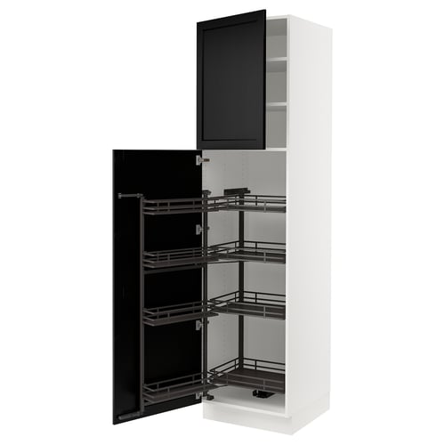 Modern white cabinet with black interior, three sliding shelves, sleek design.