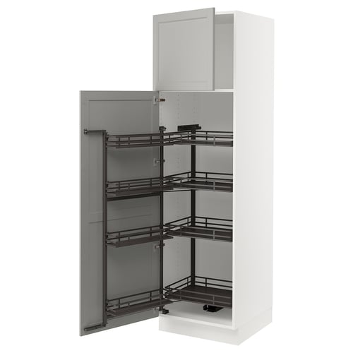 White SEKTION pull-out pantry with 4 black metal shelves, open.