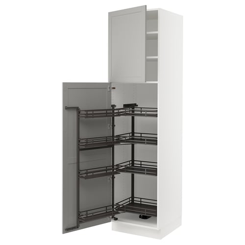 White kitchen cabinet with pull-out shelves, sleek modern design, metal frames.