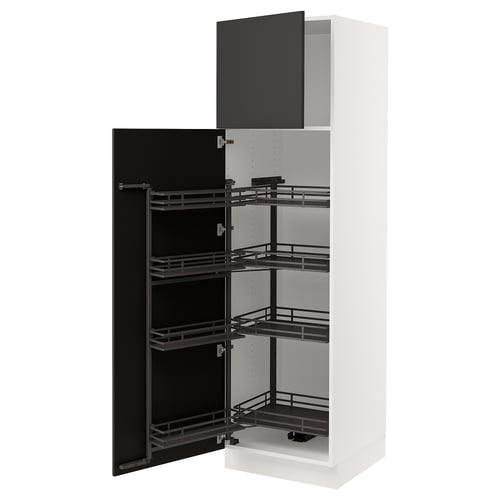 Modern black kitchen cabinet with pull-out shelves, sleek design, three-tiered storage.