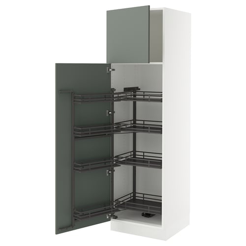 White kitchen cabinet with three green pull-out shelves.